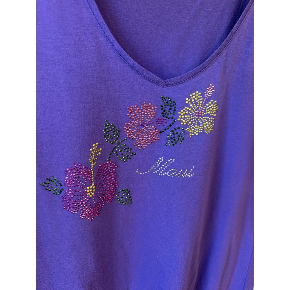Toppy V-Neck T-Shirt Women Lg Purple Maui Rhinestone Hibiscus Floral Vtg - Picture 3 of 8